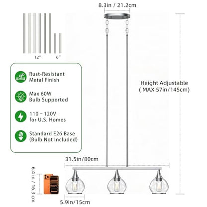 Phaosio Kitchen Island Linear Pendant Light, 3-Light - color: Brushed Nickel, size: 3-Light