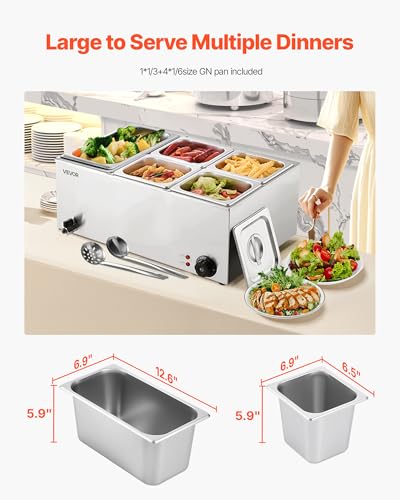 VEVOR 24QT Commercial Food Warmer, 5-Pan Electric Steam Table, 1200W Professional Countertop Stainless Steel Buffet Bain Marie with 86-185°F Temp Control for Catering, Buffet, Parties, Restaurants - size: 1x1/3Pan and 4x1/6Pan ;24QT