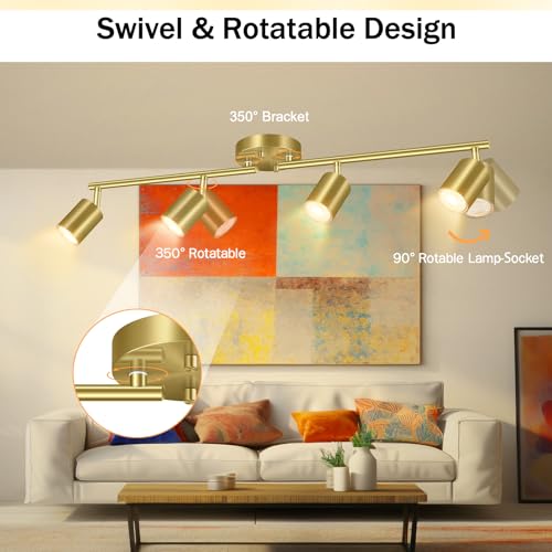 BoostArea Gold LED 4 Light Track Lighting Kit, 4 Way Ceiling Spot Lighting, Flexibly Rotatable Light Head for Kitchen, Living Room, Bedroom, Bulb Not Included - color: Gold