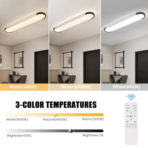 ADISUN Modern LED Ceiling Light Dimmable Linear Ceiling Light 39.4in Semi Flush Mount Long Lights with Remote Control and Down Lighting for Living Room Kitchen Dining Room Black & Silver - color: Black&Silver-39.4inch