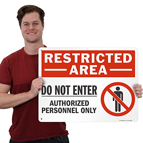 SmartSign 18 x 24 inch “Restricted Area - Do Not Enter, Authorized Personnel Only” Metal Sign with Symbol, 80 mil Laminated Rustproof Aluminum, Red, White and Black, Made in USA - style: 18" x 24" - Aluminum