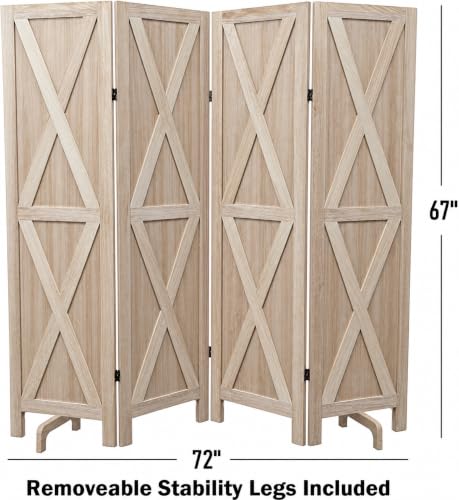 Premium Home 4-Panel Room Divider, Natural Barn Door X-Pattern Screen - color: Natural - X Pattern - 4 Panel