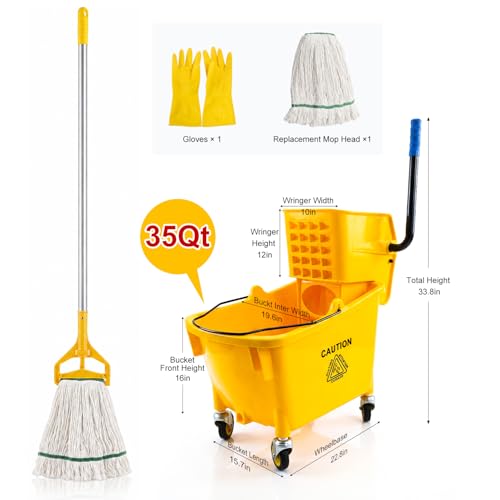 Chasesun 35 Quart Commercial Mop Bucket with Side Press Wringer on Wheels