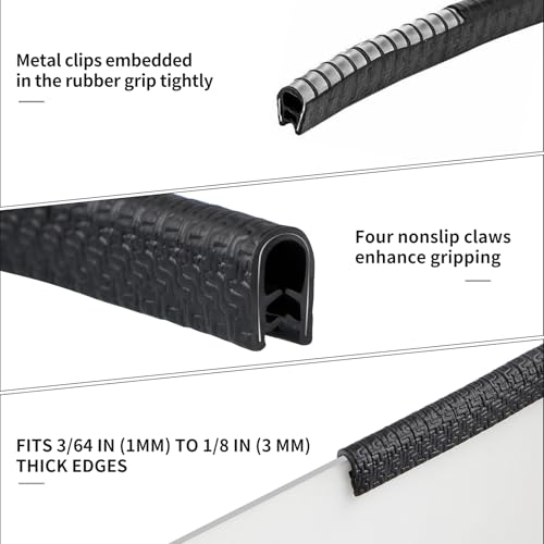 Rubber Edge Trim Guard 10ft/3m, Adhesive Free Door Edge Protector, U Shape Edge Seal Strip with Embedded Metal Clips Fits 3/64" to 1/8" Thick Edges (Black) - size: 120" L x 0.25" W