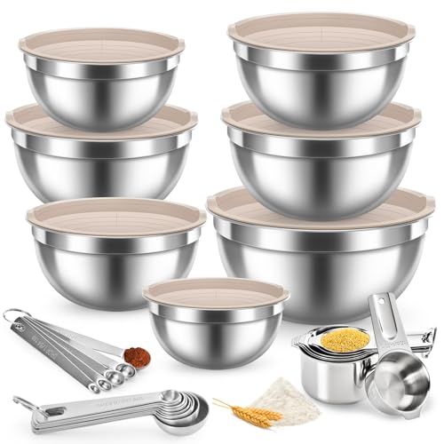 28PCS Mixing Bowls with Airtight Lids Set, Stainless Steel Nesting Prep Bowls with 7 Measuring Cups & 14 Measuring Spoons for Cooking, Baking, Serving, Food Storage, Size 5.5/3.5/2.5/2/1.4/1/0.62QT - size: 7+7+14 - Bowls & Cups & Spoons