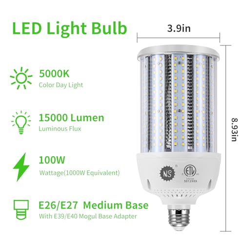 NS 1000W Equivalent LED Corn Light Bulbs,100W Led Corn Bulb 15000 Lumens 5000K Daylight White,E26/E39 Base LED Bulbs,Large Area Lights for Indoor Outdoor Warehouse Garage Backyard High Bay Lighting