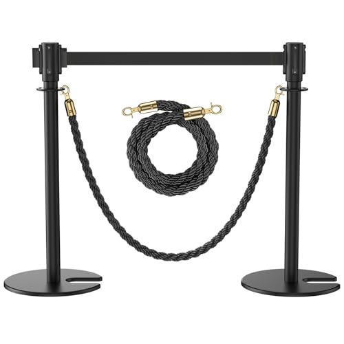 2Pack Stanchions with Retractable Belt and 2Pcs Hemp Rope (Black) - color: Black