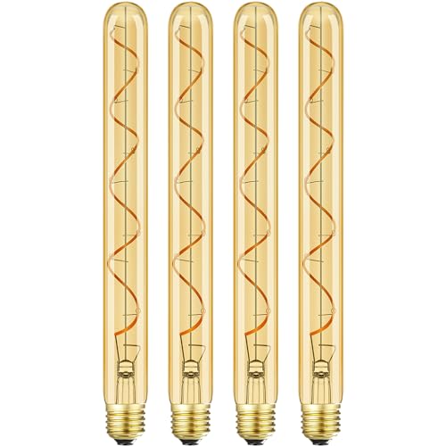 Leools Vintage LED Spiral Filament Bulb T10,11.8inch Long Tubular Dimmable Edison Light Bulbs,E26 Medium Base,Amber Glass,Warm White,2200K,400LM(40W Equivalent),T30 Led Tube Bulb,Pack of 4. - style: 11.8in(300mm)