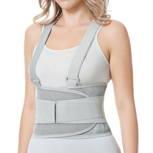 NeoTech Care Back Brace with Suspenders/Shoulder Straps - Light & Breathable - Lumbar Support Belt for Lower Back Pain - Posture, Work, Gym - Grey Color (Size S) - color: Grey, size: S