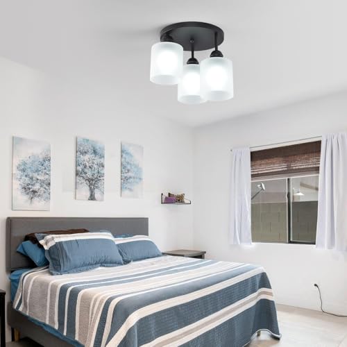 Semi Flush Mount Ceiling Light with Clear Glass Shades,3-Lights Industrial Semi Flush Mount Ceiling Light, 3-Light Industrial Black Light Fixtures Ceiling Mount for Kitchen Living Room Foyer - color: 3-Lights Milk Glass, size: 1 Pack