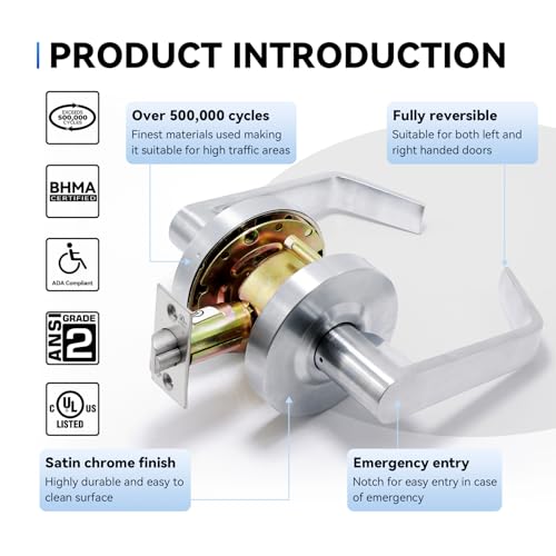 BSEED [UL Listed] Passage Commercial Door Lever Lock, Heavy Duty Grade 2 Lever Handle, ADA Compliant, 3 Hour Fire Rated, Non-Handed, Satin Chrome Finish, 2-3/4" Backset for Hallway & Office Doors - style: Passage