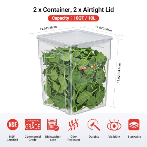 2 Pack 18 QT Polycarbonate Airtight Food Storage Containers, Commercial Kitchen Ingredient Storage Containers with Labeling Area, Stackable Bulk Food Storage for Flour, Rice, Sugar and Pet Food - size: 2 X 18.0(QT)