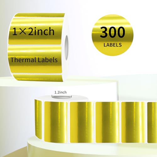 2x1 Inch Thermal Labels, Holographic Gold Thermal Printer Stickers, Waterproof Self-Adhesive Shipping Label Printer Sticker for Barcode, Name, Address, 300 Labels/Roll - color: Gold, size: 1*2 inch/1 roll