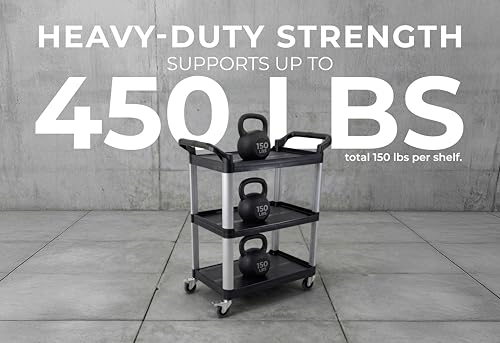 Commercial Heavy-Duty Utility Service Cart | 3 Shelf | | 450 Lbs Max Capacity | Rolling Utility Cart W 33" x H 37" x D 16" Black