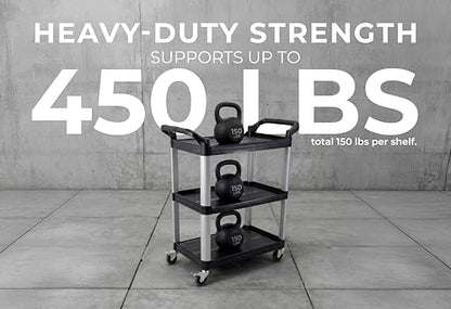 Commercial Heavy-Duty Utility Service Cart | 3 Shelf | | 450 Lbs Max Capacity | Rolling Utility Cart W 33" x H 37" x D 16" Black