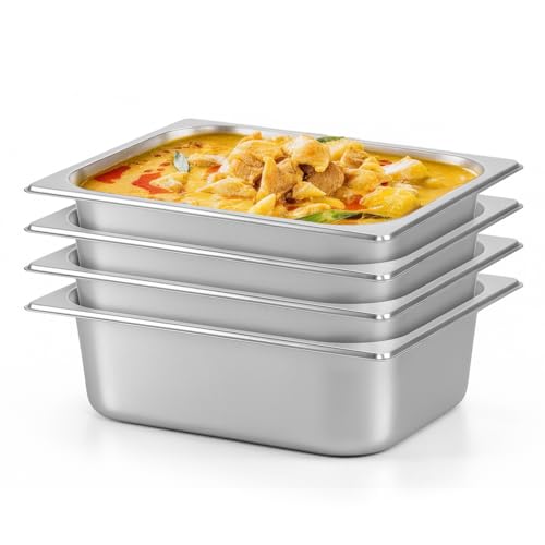 Dyna-Living Steam Table Pan 1/2 Half Size 4 Inch Deep Pan 4 Pack Hotel Pans - color: Without Lids, size: 4 Inch Deep