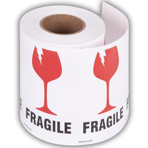 Kenco 3" X 5" Fragile with Broken Glass Safe Handling Stickers for Shipping and Packing - 500 Adhesive Labels Per Roll (5 Pack)