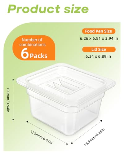 6 Pack Food Pan with Lids,1/6 Size Shatterproof Stackable Plastic Hotel Food Pan for Party, Catering, Home kitchens Meal Prep,-40°F to 212°F (1.62QT(1.53L), 1/6 size 4" deep) - size: 1/6 size 4" deep