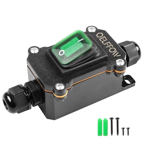 Waterproof On Off Toggle Switch Double Outlet with Green Light Rocker Button Inline Cord Switch DPST AC/DC 20A-125V,16A-250V,30A-24V,35A-12V, IP66 - color: Green/1 Switch/2 Outlet
