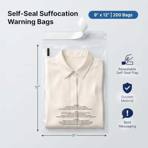 9” X 12” (200 Count) Self Seal Clear Poly Bags with Suffocation Warning - size: 9" X 12"
