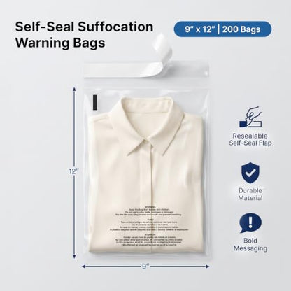 9” X 12” (200 Count) Self Seal Clear Poly Bags with Suffocation Warning - size: 9" X 12"
