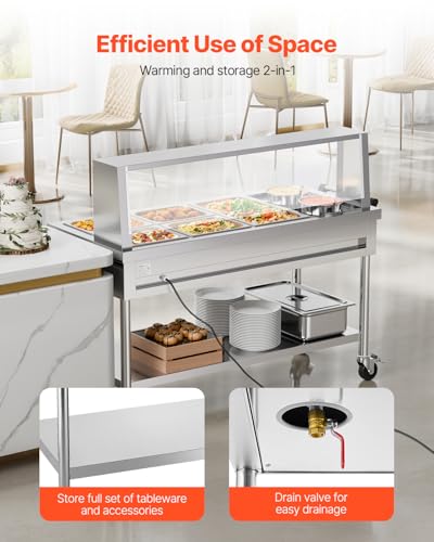 VEVOR Commercial Food Warmer, 5 Pans + 2 Pots Electric Steam Table, 1800W Professional Buffet Catering Food Warmer with Shield Undershelf Wheels, Stainless Steel Server for Party Restaurant Hotel - size: 5 Pans + 2 Pots