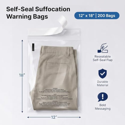 12” X 18” (200 Count) Self Seal Clear Poly Bags with Suffocation Warning - size: 12" X 18"