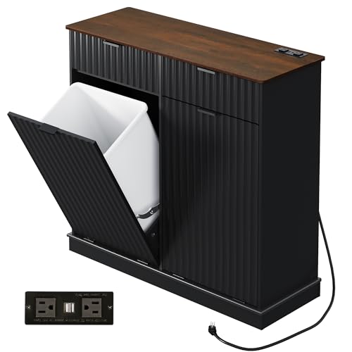 WLIVE 2 * 10 Gallon Double Tilt Out Trash Can Cabinet, Hidden Trash Can Cabinet with 2 AC+ USB Outlets, Storage Drawers, Food/Clothes Storage Pet Proof Kitchen Trash bin Cabinet for Home, Black - color: Black, size: Double Doors with Outlets