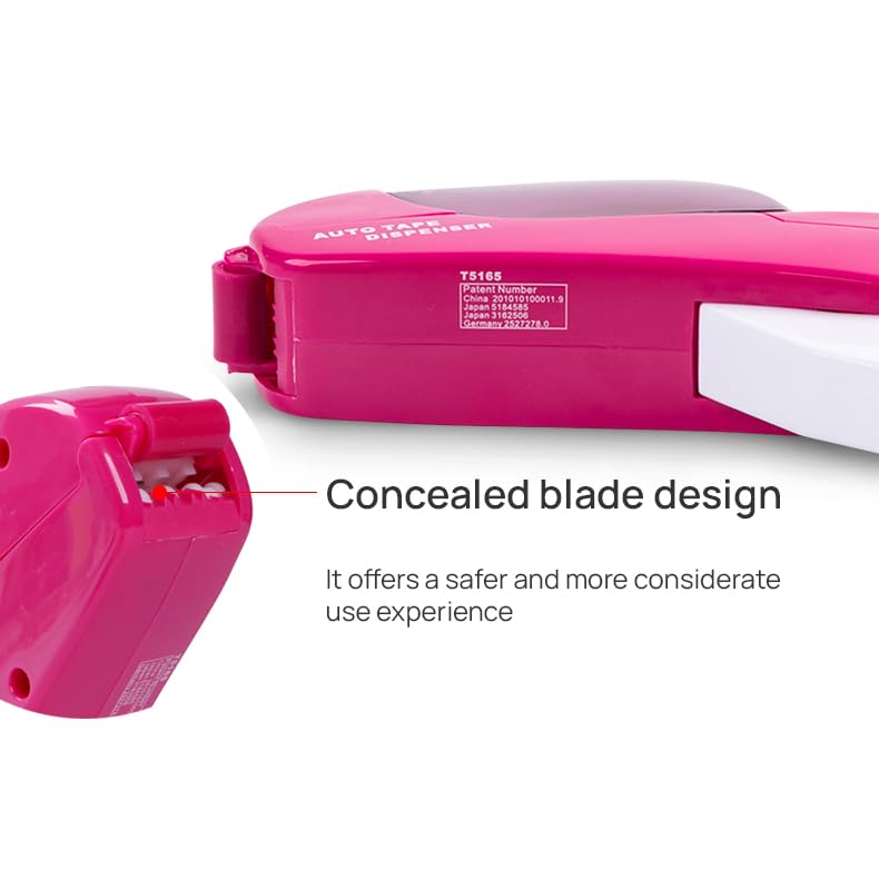 One-Handed Tape Dispenser Gun - Automatic Cutter for Gift Wrapping, Office & Crafts - Portable, Safe Hidden Blade, No Batteries - Fits 1/2" to 3/4" Tape (Include 1 Roll, Pink) - color: Pink