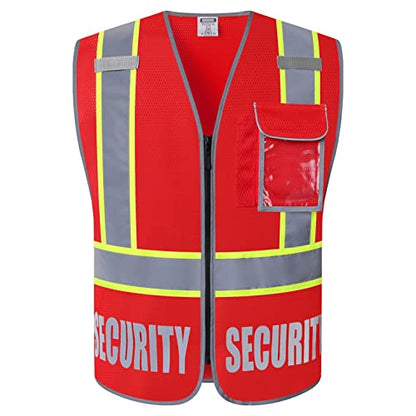 Security Vest for Men Women Reflective Safety Vest with 5 Pockets and Front Zipper Mesh High Visibility Vest Meets ANSI/ISEA 107-2015 Standards (Red-22, Small) - color: Red, size: Small