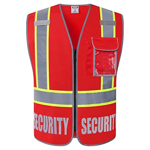 Security Vest for Men Women Reflective Safety Vest with 5 Pockets and Front Zipper Mesh High Visibility Vest Meets ANSI/ISEA 107-2015 Standards (Red-22, Small) - color: Red, size: Small