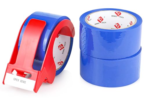 Heavy Duty Packing Tape - 1.88 Inch x 55 Yards, 2 Mil Thick Blue Tape Refills with Dispenser, Ideal for Carton Sealing, Packaging and Moving - color: Blue