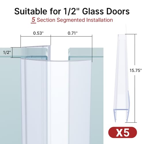 AmazerBath 5 PCS Shower Door Side Seal Strip for 1/2 Inch Glass - 15.75 Inches x 5, 5 Sections Segmented Shower Installation Kit, Frameless Glass Door Seal Strip - style: Side Seal 1/2