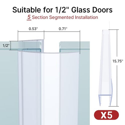AmazerBath 5 PCS Shower Door Side Seal Strip for 1/2 Inch Glass - 15.75 Inches x 5, 5 Sections Segmented Shower Installation Kit, Frameless Glass Door Seal Strip - style: Side Seal 1/2
