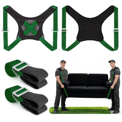 Moving Straps for Lifting, with Back Support for 2 Person, Green - color: GREEN