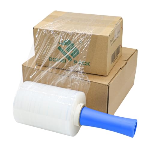BOMEI PACK 4Pack Industrial Mini Clear Stretch Wrap Film, 5inch x 1100ft for Pallet Wrap with Plastic Handle, Heavy Duty Shrink Film for Packing, Moving, Packaging, 80 Gauge
