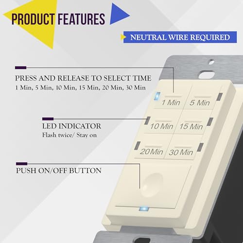 ENERLITES 30-Minute Neutral Countdown Timer Switch, Light Almond - color: Light Almond, size: 30 Min