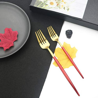 JASHII Luxury 18/10 Red Handle Flatware Gold Silverware Set 304 Stainless Steel Flatware Cutlery Set| 5-Piece Adaline Royal Modern Satin Finish| BEST Birthday Wedding Gift (Red Handle Matte Gold) - color: Red Gold, size: Service for 1