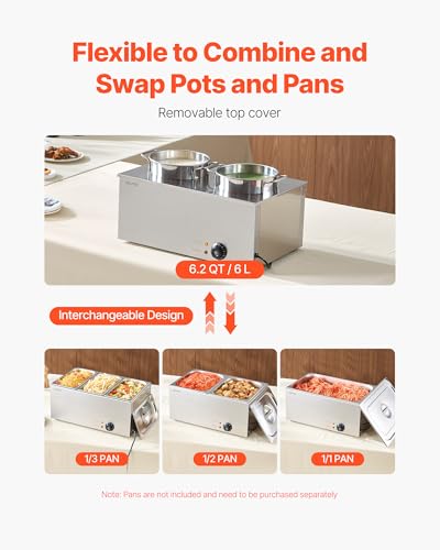 VEVOR Electric Soup Warmer, Two 6.34QT Stainless Steel Round Pot with 86~185°F Adjustable Temp, 1200W Commercial Bain Marie Compatible with Pans, Soup Station for Restaurant, Buffet - size: 2×6L Pots