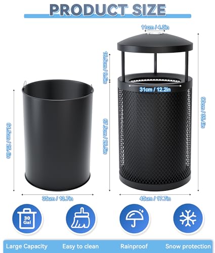 Outdoor Trash Can Commercial, Heavy Duty Large Metal Garbage Can for All Weather Resistant, Garbage Bin Waste Receptacle for Parks, Streets, Patio, Public Spaces - color: Black-Lid-R