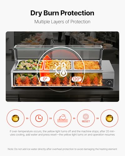 VEVOR Commercial Food Warmer, 1500W Electric Stainless Steel Steam Food Warmer with Glass Cover, Countertop Buffet Bain Marie with Three 1/2 Size Food Pans, for Catering, Restaurant, Party & Buffets - size: 3*1/2Pan