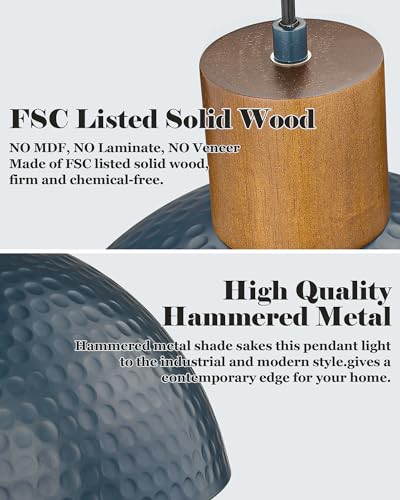 ELYONA Industrial Pendant Light 12" Hammered Metal Dome Hanging Lamp Solid Wood Pendant Light Fixtures for Kitchen Island, Farmhouse, Dining Room, Sink, Bedroom, Hallway, Modern Blue - color: Blue - 1 Pack