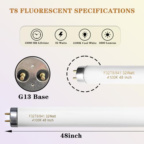 Konideke F32T8/841 32W 48 Inch T8 Fluorescent Tube Light Bulb, T8 Fluorescent Bulbs 4 Foot, 4ft Light Bulb, 4100K Cool White, 2850 Lumens, G13 Medium Bi-Pin Base,10 Pack