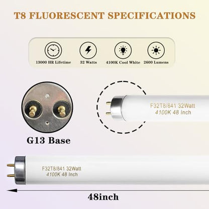Konideke F32T8/841 32W 48 Inch T8 Fluorescent Tube Light Bulb, T8 Fluorescent Bulbs 4 Foot, 4ft Light Bulb, 4100K Cool White, 2850 Lumens, G13 Medium Bi-Pin Base,10 Pack