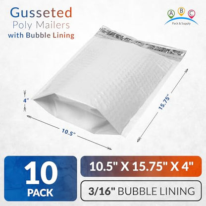ABC PACK & SUPPLY White Bubble Mailers, 10.5 x 15.75 x 4 Inch, Pack of 10, Waterproof Self-Seal Padded Shipping Envelopes with Bottom Gusset for Secure Packaging - size: 10.5" x 15.75" x 4" / 10 Pack
