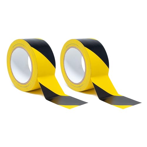 SINGHAL Floor Marking Tape - 2 Pack Black & Yellow Hazard Tape, 2" x 46 ft Each | Safety Warning Stripe Tape for Floors, Aisles, Warehouses & Hazard Areas