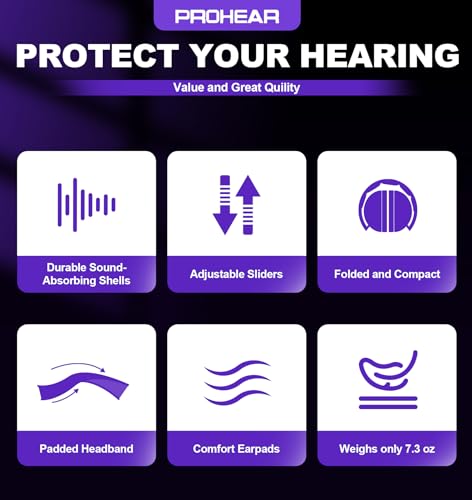 PROHEAR 038 Ear Protection Safety Earmuffs for Mowing, 28dB Noise Reduction Passive Hearing Protector, Compact Foldable Headset for Shooting Construction Power Tools, Purple - color: Purple