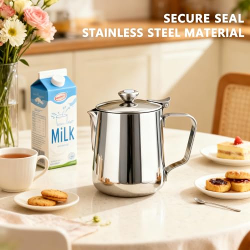 Stainless Steel Milk Frothing Pitcher with Lid 350ml, Coffee Frother Cup for Espresso Cappuccino Latte Hot Chocolate, Dripless Pour Spout Ergonomic Handle for Home Office Cafe Kitchen