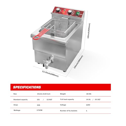 EGGKITPO Deep Fryer 12L Large Electric Fryer with Oil Drain and Timer Deep Fryer with Basket and Lid Stainless Steel Countertop fryer Commercial Fryer for Restaurant and Home Kitchen 120V 1750W - size: 12L