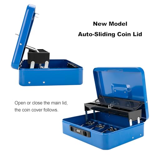 Cash Box with Snap Latch Combination Lock and Sliding Coin Lid, Secure Cash Box with Money Tray and Lock, Durable Safe Money Box for Home and Office,Blue,11.8"L x 9.5"W x 3.5"H - color: Deep Cobalt